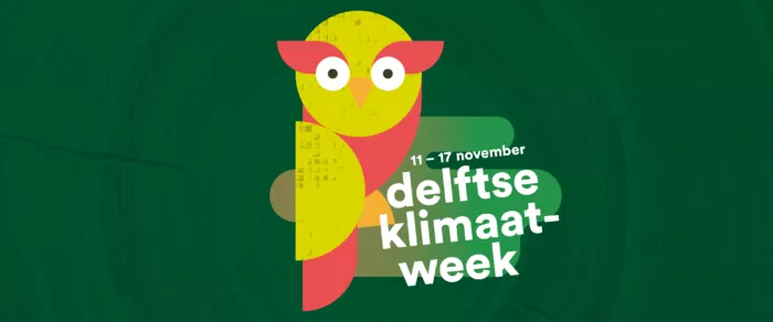 grafisch element van een uil voor de delftse klimaatweek met groene achtergrond