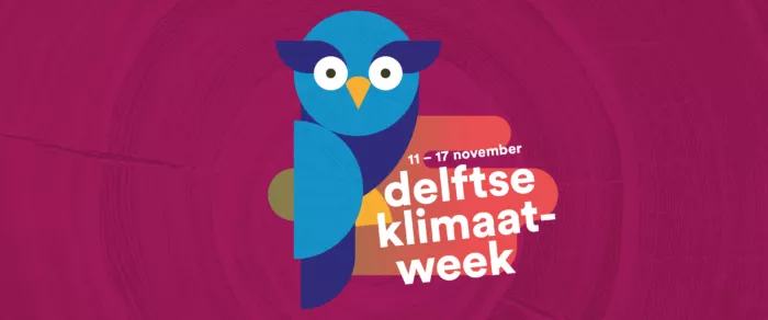 grafisch element van een uil voor de delftse klimaatweek met roze achtergrond