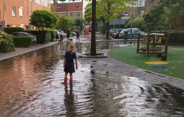 meisje op laarzen in een grote plas op straat.